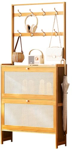 BOMOOMOO Freistehender Schuhschrank mit 2 Schubladen, Flurgarderobe mit 8 Kleiderhaken für Regenschirm, Schlüssel, Handtaschen, Flure, braun