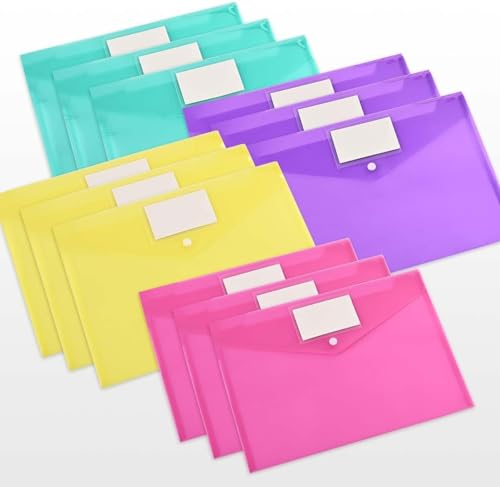 Uni-Fine Lot de 12 porte-documents A4, 4 couleurs avec bouton pression pour organiser des documents, pochette transparente en plastique transparent, documents de bureau, cosmétiques, papeterie et