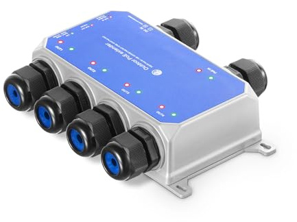 PoE Gigabit Outdoor IP67 PoE Passthrough Switch, 1 PoE in 4 PoE Out Extender, IEEE802.3af/at/bt PoE Powered 90W, 10/100/1000Mbps Ethernet, Metall Wandmontage Wasserdicht Plug and