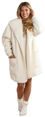 OHS Waterfall Teddy Fleece Cardigan, Ultra Soft Teddy Fleece Fabric Wrap Style Long Sleeve Ladies Cardigan Outwear Pockets Casual Wear or Lounging, Cream - L/XL