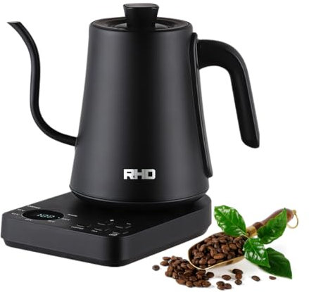 Edelstahl-Wasserkocher Mit Thermostat, 1-Liter-Wasserkocher Mit Schwanenhals, Kitchen Aid Wasserkocher, 1000 Watt Teekocher,90° Rechtwinkliger Ausguss, Edelstahl 304, Trockengehschutz, Schwarz