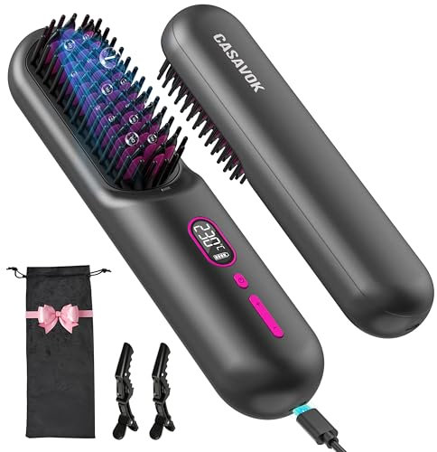 Cordless Hair Straightener Brush for Travel,Mini Straightener Hair Comb with Negative Ion,Portable hot Brush Hair Straightener for Women, Rechargeable 9600mAh Battery, Anti-Scald (Black)