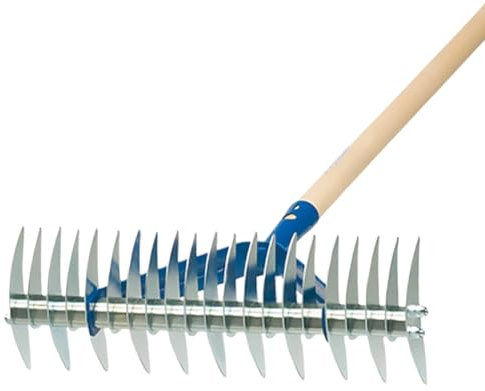 Rastrello Sarchiatore in Acciaio Zincato 32 Denti – 37x13x25 cm – Arieggiatore Manuale per Prato, Attrezzo Professionale per Giardinaggio, Orto, Togli Erbacce, Accessorio Scarificatore (C/MANICO)
