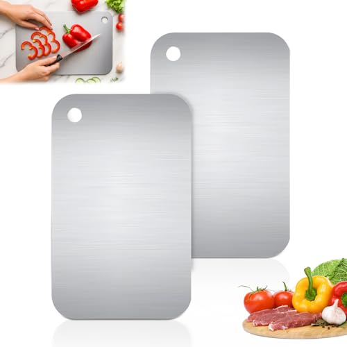 Lot de 2 planches à découper en acier inoxydable, 25 x 15 cm, en titane, pour viande, légumes et fruits, facile à nettoyer, convient pour la cuisson dans la cuisine, les légumes, la viande, les fruits