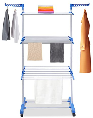Pyroarle 4-Tier Gray Foldable Clothes Drying Rack Rolling Dryer Hanger Stand Outdoor Washing Line Clothes Dryer Storage Rack with 6 Retractable Trays&2 Side Wings, Bedroom Balcony Use (Blue)