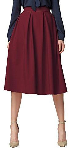 Urban GoCo Donna Vintage Vita Alta Pieghe a Campana Gonna Linea A con Tasche Midi Gonna Longuette Vino Rosso L