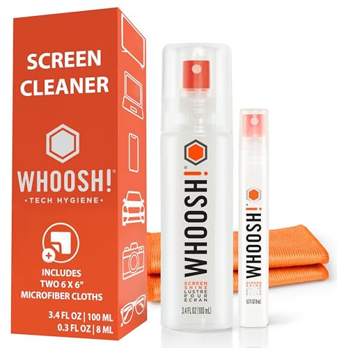WHOOSH! Screen Cleaner Spray und Tücher - 100 und 8 ml + 2 Mikrofasertücher - Duo mit Flaschen in Standard- und Reisegröße für TV, Auto, Computer, Laptop, MacBook, iPad, Handy, Kamera, Brille, Uhr