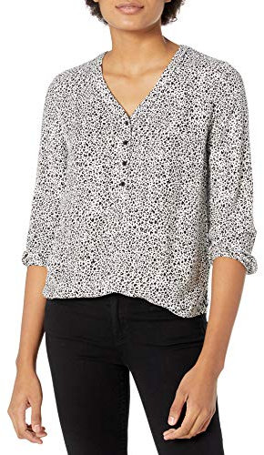 Amazon Essentials Camisa con Botones y Manga 3/4, Blusa de Corte Holgado con Cuello en V Mujer, Mini Leopardo, M