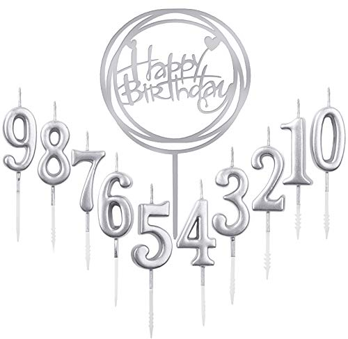 10pcs Number 0-9 Birthday Numeral Cake Candles + 1pcs Letter Happy Birthday Glitter Cake Topper Decoration Cake Number Digital Candles for Birthday Party Wedding