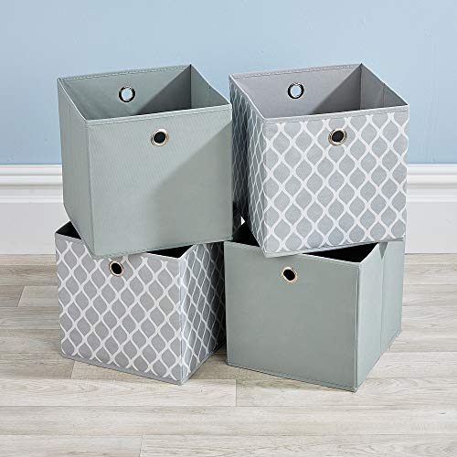Home Source Cube Storage Boxes, Collapsible Fabric Storage Baskets, Foldable Canvas Organising Boxes, 4 Piece, 2 Grey, 2 Print