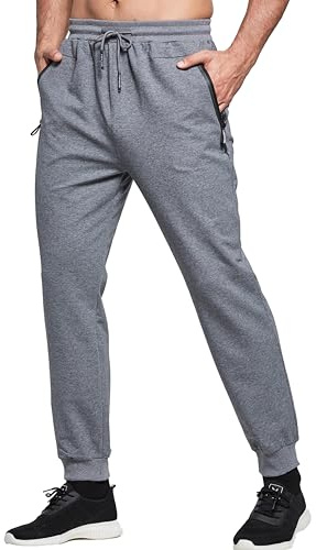 HCSS Mens Joggers Tracksuit Bottoms Men for Running Sports Lounge Slim Fit Cotton with Zip Pockets Elasticated Waist (Dark Grey L)