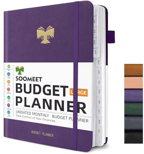Soomeet Budget Planner with Monthly Tabs - 7 x 10 Hardcover Budget Book, Monthly Bill Organizer with Pockets, Undated Finance Planner with Expense Tracker Notebook to Take Control Your Money-Purple