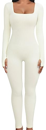 UMIPUBO Mono Deportivo Mujer Yoga Mono Manga Larga Ropa Deportiva de Cuello Cuadrado con Costilla Deportiva de Mujer Traje de Una Pieza Jumpsuit para Fitness(Blanco,S)