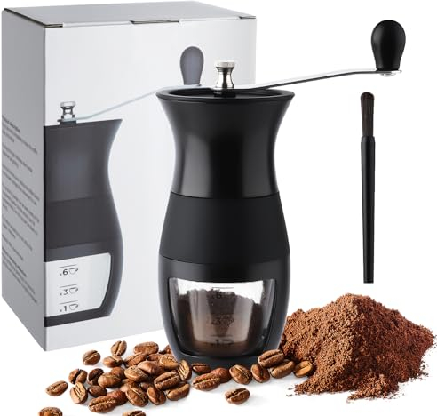 KINGHON Moulin à Café Manuel, Moulin à Meule en Céramique Réglable Portable Avec Brosse De Nettoyage*1, Manche En Acier Inoxydable, Pour L'Espresso, la Maison, le Bureau, Les Voyages et Le Camping