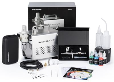 InoKraft Airbrush-kit med luftkompressor – 1/6 HP tyst luftkompressor, Pro gravity Airbrush med 3 spetsar 0,2, 0,3 och 0,5 mm– slang, hållare, instruktionsguide – airbrush färgset för modellmålning 4