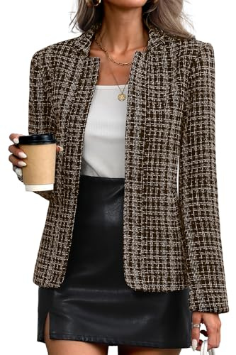 ELLEVEN Womens Blazer Business Casual Suit Jacket Tweed Blazers for Women Slim Fit Fitted Long Sleeve Stand Collar Blazer Dressy Full Lining Coat Cardigan with Padded Shoulder Brown Large