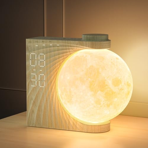 RETEYUNG 2025 Lámpara Luna Giratoria con Despertador, 8 Colores RGB, Despertador amanecer, 2 Alarmas, 10 Sonidos Naturales, 3 Niveles de Brillo para Luz Nocturna, el Regalo para Mujeres y Niños