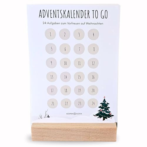 Adventskalender To Go, 24 Aufgaben zum Vorfreuen auf Weihnachten mit edlem Holzaufsteller und Briefumschlag, zum Verschenken