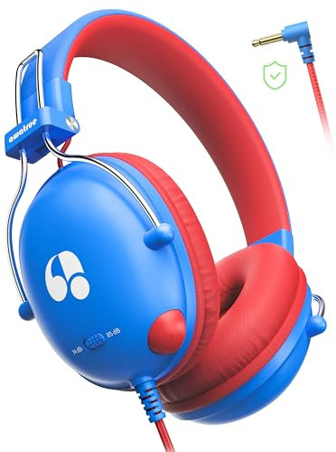 awatrue Kinder Kopfhörer, Kopfhörer Kinder mit Kabel, 74/85dB Lautstärkegrenze, Stereo Sound, HD-Ton, Faltbare Over Ear Kinderkopfhörer für Schule/Tablet/PC (Blau Rot)