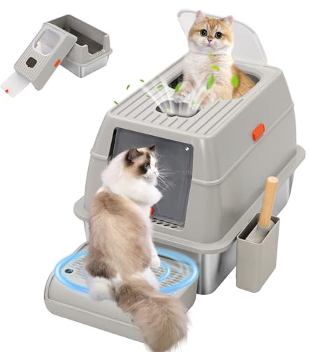 Arenero para Gatos con Cubierto,Extraíble Arenero Gato Acero Inoxidable con Pala y Pedal,Arenero Gato Grande Adecuado para Varios Tipos de Gatos