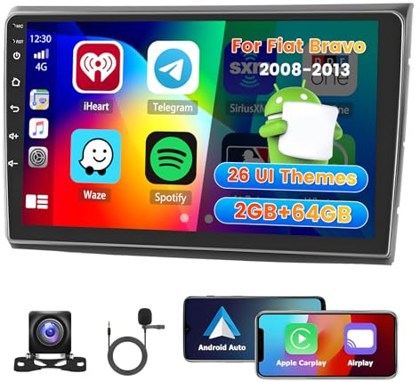 Roinvou 2+64G Android-bilradio för FIAT Bravo 2008-2013 med trådlös CarPlay Android Auto, 9-tums 2 DIN-radio MirrorLink Wi-Fi GPS Bluetooth EQ FM/RDS SWC backkamera
