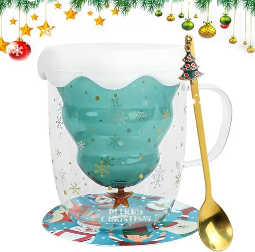 ROTKUSZ Tazza di caffè Doppia Parete, Tazza di Vetro Albero di Natale, Tazze di Vetro Isolante con Maniglia, Tazza da latte, Tazzina Espresso, Perfetto per Americano, Bustina di The, Bevanda