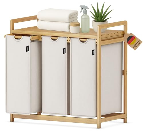 XMHome Cesto para la ropa con 3 compartimentos, 148L gran cesto cuadrado de bambú, cesta de lavandería, clasificador de ropa visualmente atractivo en 77.5X41.3X77.5 CM Gris