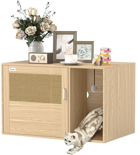PawHut Mueble Arenero para Gatos, Caja de Arena para Gatos con Almohadilla para Rascar y Puerta de Ratán, Mesa Auxiliar para Salón, Dormitorio, 80x50x50 cm, Roble