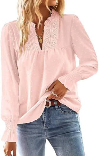 TUUHAW Camiseta Manga Larga Mujer Boho Top con Cuello en V Bordado Encaje | Manga Larga de Volantes Top, Blusa Elegante con Cuello en V, Moda Bordado Encaje Casual, Punto Suizo Color Sólido