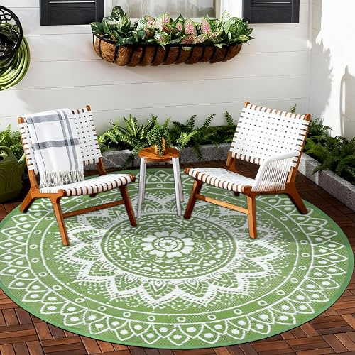 VSIWB Tappeto da esterno rotondo per terrazza 180cm reversibile impermeabile e pieghevole bohémien, per camper; tappeto da picnic e da camper, balcone, spiaggia, terrazza, Verde/Bianco