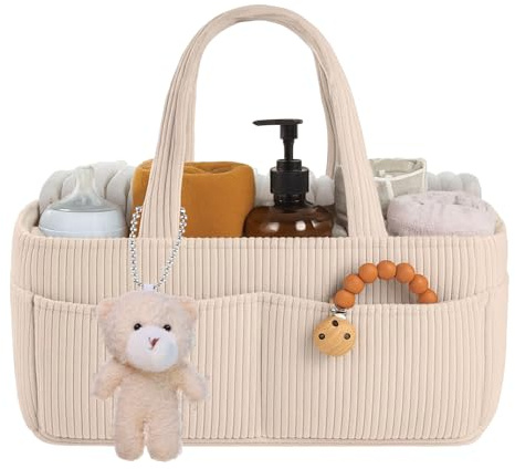 HOVCEH Organizador Pañales, Portátil Organizador Bebe con Osito de peluche, Grande Cesta Organizadora Bebe con Asa, Cesta Cambiador Bebes para Viaje