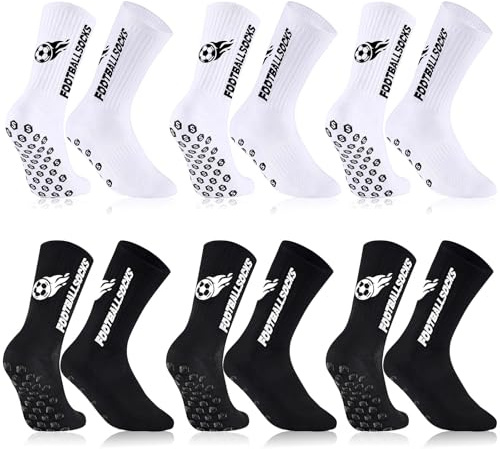 SRunDe 6 Paires Chaussettes Antidérapantes Foot 35-39 39-46 avec 10 Autocollants Football Chaussettes Sport Foot Running Respirant Grip Football Socks Évacue la Transpiration pour Homme Femme Enfant