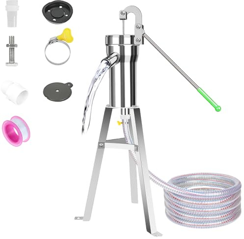 Pompa a mano in acciaio inox, con supporto alto 58 cm e tubo lungo 5 metri per case, giardini domestici, yard, stagni