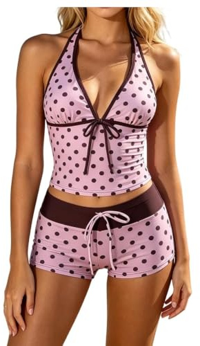 Bañadores Tankini Mujer Y2K Bikini Vintage de Dos Piezas BañAdor de Lunares con Pantalones Corto Tankini Mujer Reductor Barriga Bañador Cuello Halter 2 Piezas para Playa Verano Vacaciones