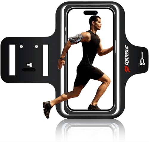 PORTHOLIC 2025 Brazalete Deportivo Antisudor con Soporte Móvil, Correa Extensible y Ranura para Tarjetas para teléfonos hasta 6,9 Pulgadas. para iPhone 17/16/15/14/13/11/XR/XS, Galaxy S25/24/S10