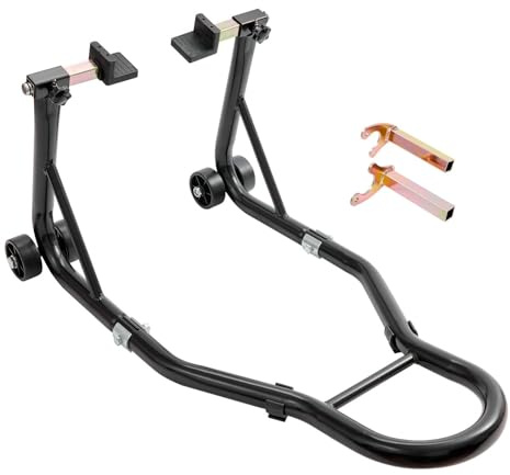 SATKIT Soporte Elevador Rueda Trasera Moto 385 kg Ajustable Acero Anticorrosión con Adaptadores U y L 4 Ruedas PP 75mm