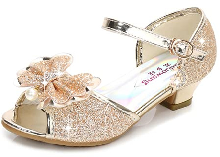 YOGLY Sandales Ceremonie Fille, Chaussure à Talon Enfant Ballerine Princesse avec Paillettes Princesse Chaussures à Talons Hauts Enfants Party Pompes,30 EU,Or