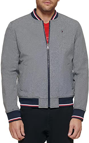 Tommy Hilfiger Men's Lightweight Varsity Rib Knit Bomber Jacket, Heather Grey soft shell, X-Large