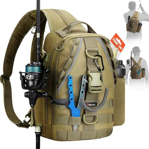 Piscifun Fishing Backpack with Rod Holder, Lightweight Sling Bag Storge Gear and Equipment, Khaki, Latch, Standard