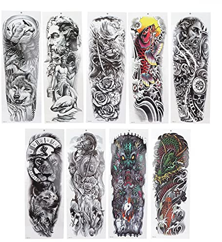 9st Full Arm Vattentäta Tillfälliga Tatueringar, Tattoo Transfer Stickers, Full Arm Tattoo Sticker Waterproof Temporary Langvariga Stora Mönster Tatueringsklistermärken för Vuxna Män och Kvinnor