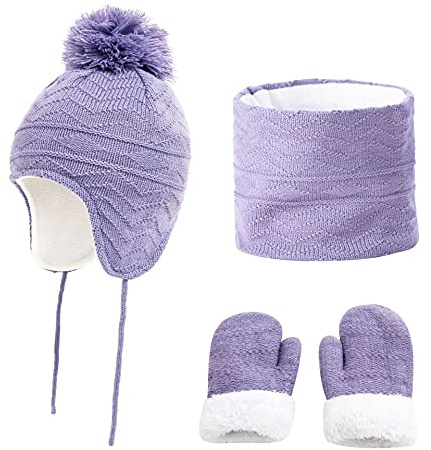 JFAN Patrón de Onda de Diamante Gorro para niños Bufanda Guantes Gorro de Invierno para bebé Gorro cálido Traje de Tres Piezas(Morado,S)