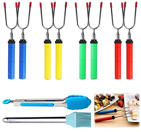 Grillspieß Ausziehbar Edelstahl, Gioyonil 10 Stück Marshmallow Spieße Lagerfeuer 85cm Lang, Grillgabeln Grillzange Grillpinsel für Barbecue Kebabs Mais Hotdogs Rindfleisch Schweine Fleisch