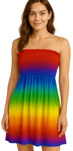 STAR FASHION Women’s Strapless Sheering Ruched Bandeau Dress Plain Boob Tube Sleeveless Midi Dress Summer Holiday Beach Flared Dress Soft Stretch Dark Rainbow 20-22