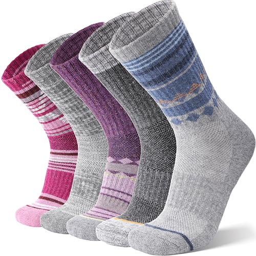 ANTSANG Unisex Merino Wool Hiking Walking Socks for Men Thermal Warm Winter Thick Cozy Crew Socks Stocking Stuffers 5 Pairs(Rose/Purple/Grey,7-11)