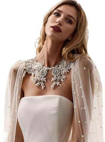 GAODESI Coprispalle da sposa con perle e strass, in morbido tulle, bolero, bianco sporco, taglia unica