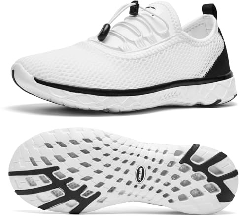 ALEADER Stylish Mens Water Shoes, Xdrain Water Sneakers, Quick-Dry Beach Aqua Hiking Pool Swim Shoes White/Black Size 9