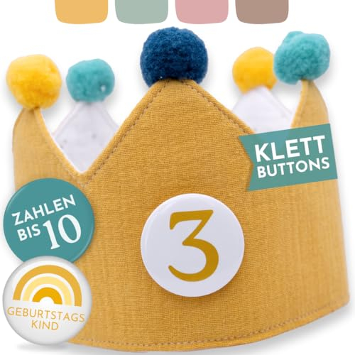 BJORKI® Corona di compleanno per ragazze e ragazzi in mussola – Sicuro con bottoni in velcro – Corona reversibile compleanno con numeri 1-10 – Divertimento fai da te – Rituale per il compleanno dei