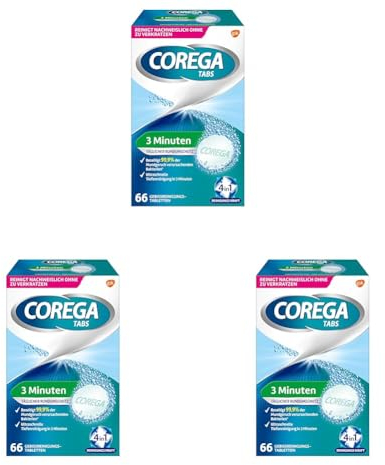 Corega Reinigungs-TABS 3 Minuten für herausnehmbaren Zahnersatz/dritte Zähne, Gebissreinigungstabletten, 1x66 (Packung mit 3)