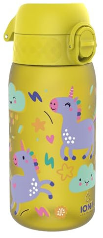 ion8 Kinder Trinkflasche, 350ml, Auslaufsicher, Einhandöffnung, Sichere Verriegelung, Spülmaschinenfest, BPA-frei, Tragegriff, Klappdeckel, Leicht zu Reinigen, Klimaneutral, Gelb Einhörner