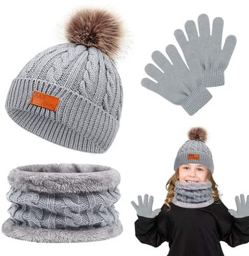 HOSSOM Conjunto de Gorro Bufanda y Guantes Niños,Invierno Sombrero de Punto Cálido con Pompon,Forro Polar Grueso Accesorios de Punto Térmico,para niño 1-5 Años